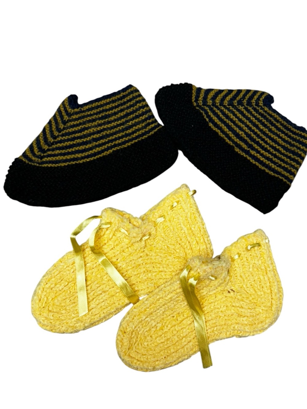 Hand Crocheted Kids Slippers Lot of 2 Pairs Yellow Navy Gold